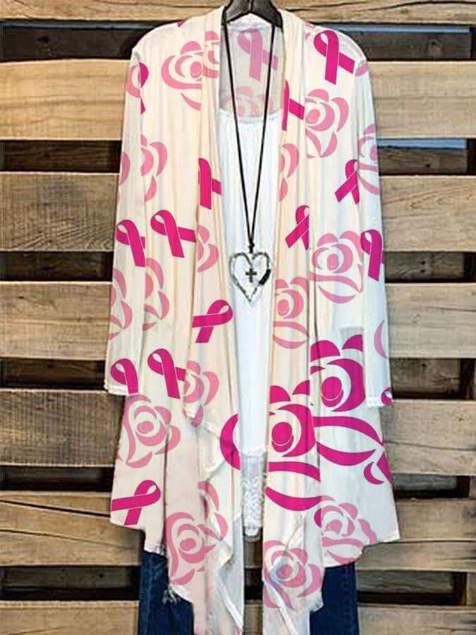 Women's Breast Cancer Awareness Pink Floral Print Casual Cardigan