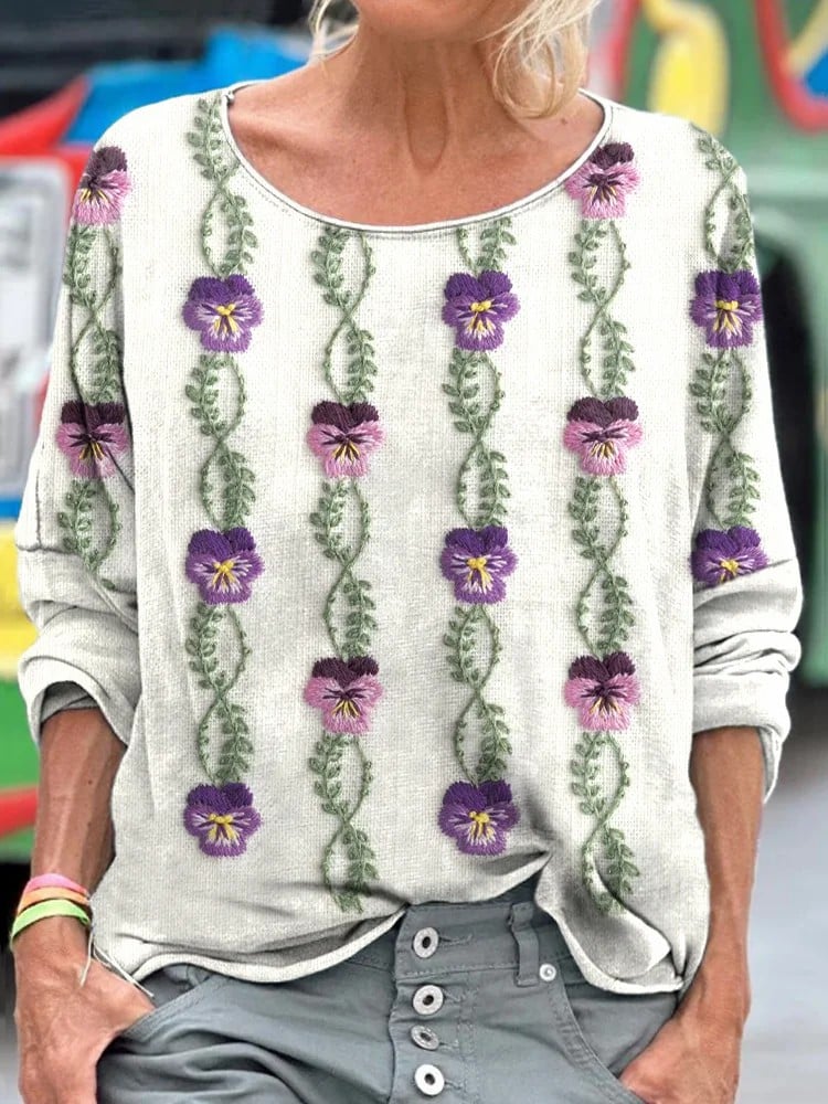Women's Purple Pansy Floral Dementia Alzheimer's Disease Awareness Print Casual T-shirt