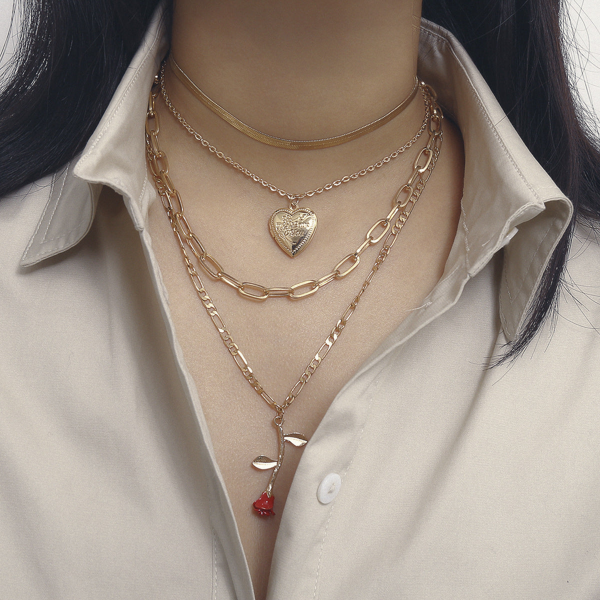 Women's Necklace multilayer adjustable geometric peach heart