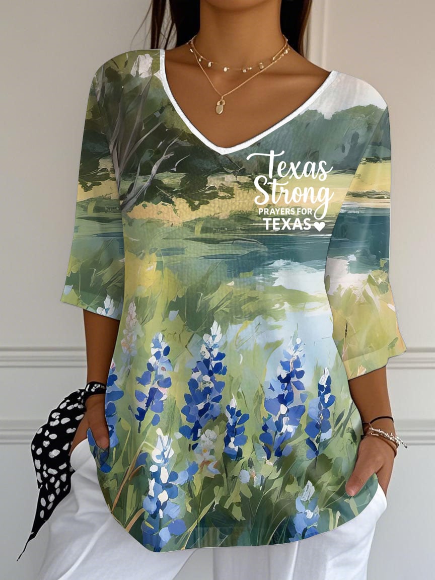 🙏💔Join us in praying for Texas.🙏Women's Retro Texas Strong Prayers For Texas Bluebonnet Print Mid Sleeve T-Shirt
