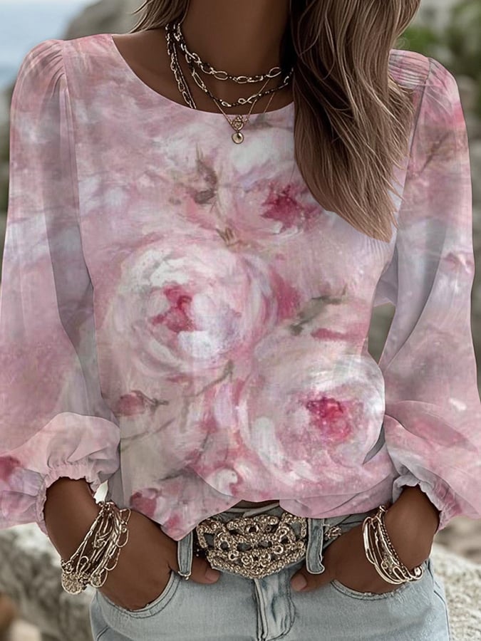 Women's Floral Print Round Neck Long Sleeve Linen Blend Shirt