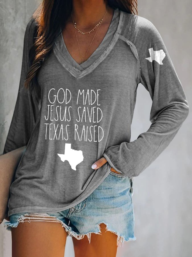 ππJoin us in praying for Texas.πV-neck Retro Texas Strong God Made Jesus Saved Texas Raised Print T-Shirt