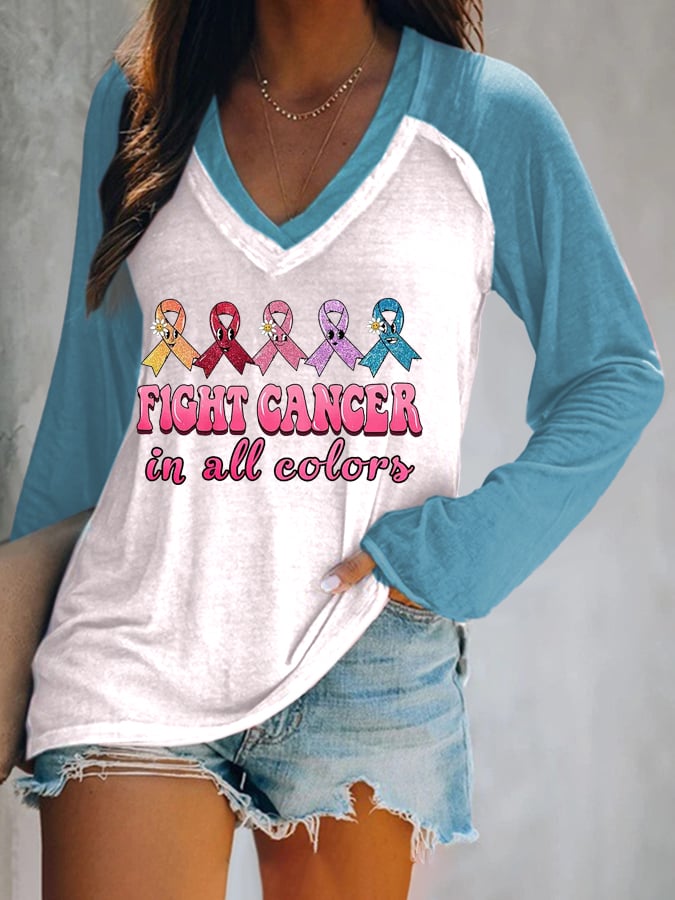 Women's Fight Cancer In All Colors V-Neck Long Sleeve T-Shirt
