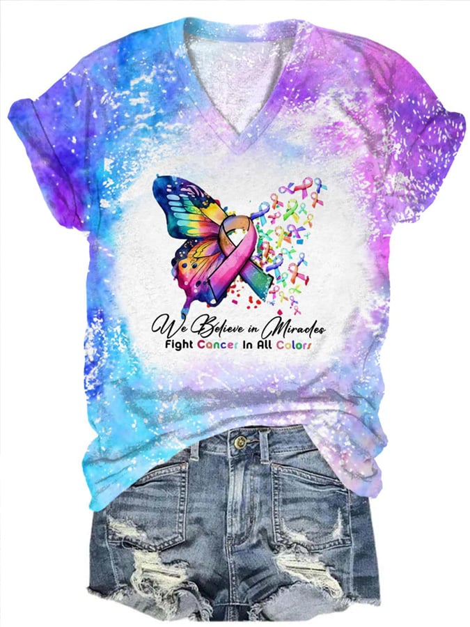 Women's We Believe in Miracles Fight Cancer In All Print Tee