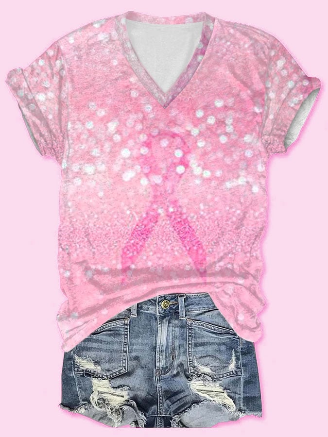 Women's Casual Pink Ribbon Breast Cancer Art Print Short Sleeve T-Shirt