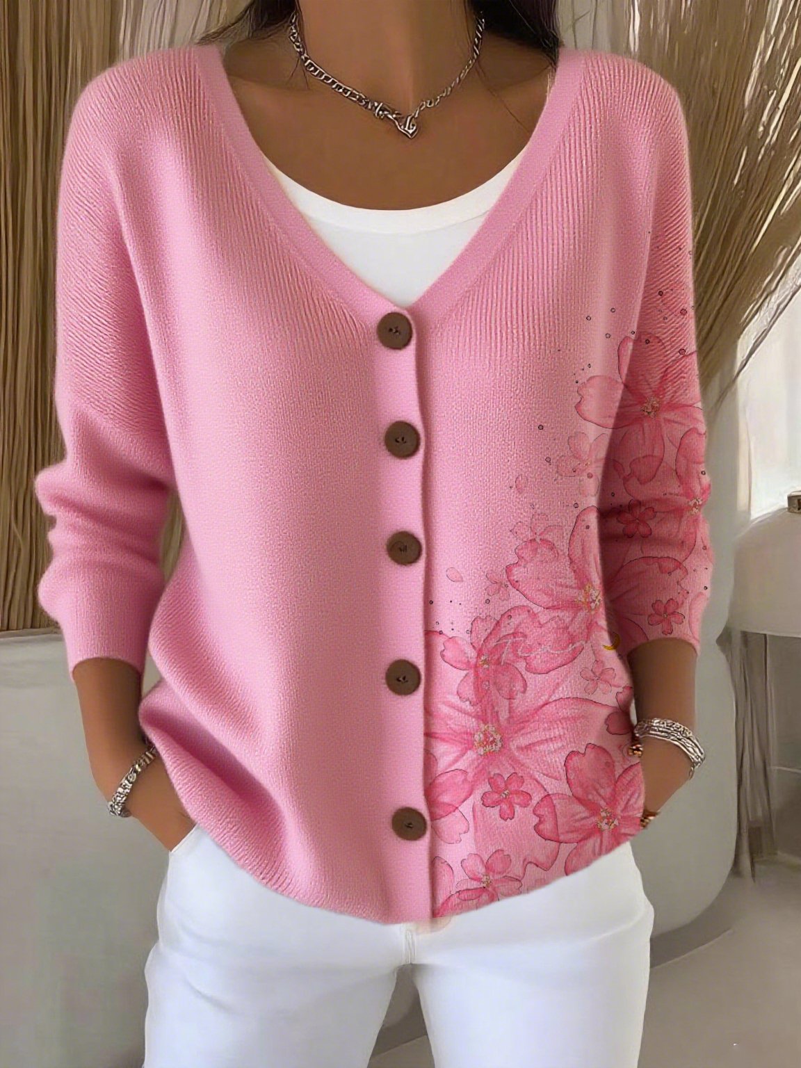 Women's Breast Cancer Awareness Floral Print Casual Cardigan
