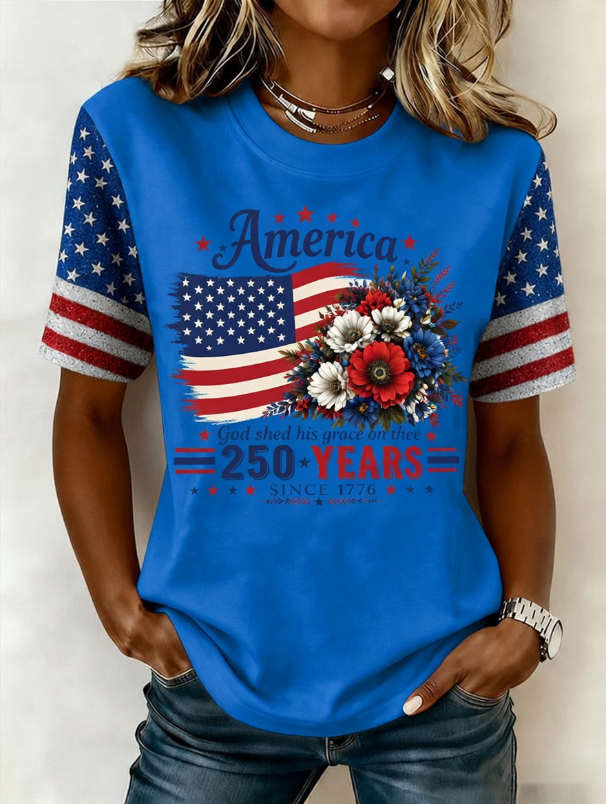 Women'S American Independence Day 250Th Anniversary Printed Short Sleeved T-Shirt
