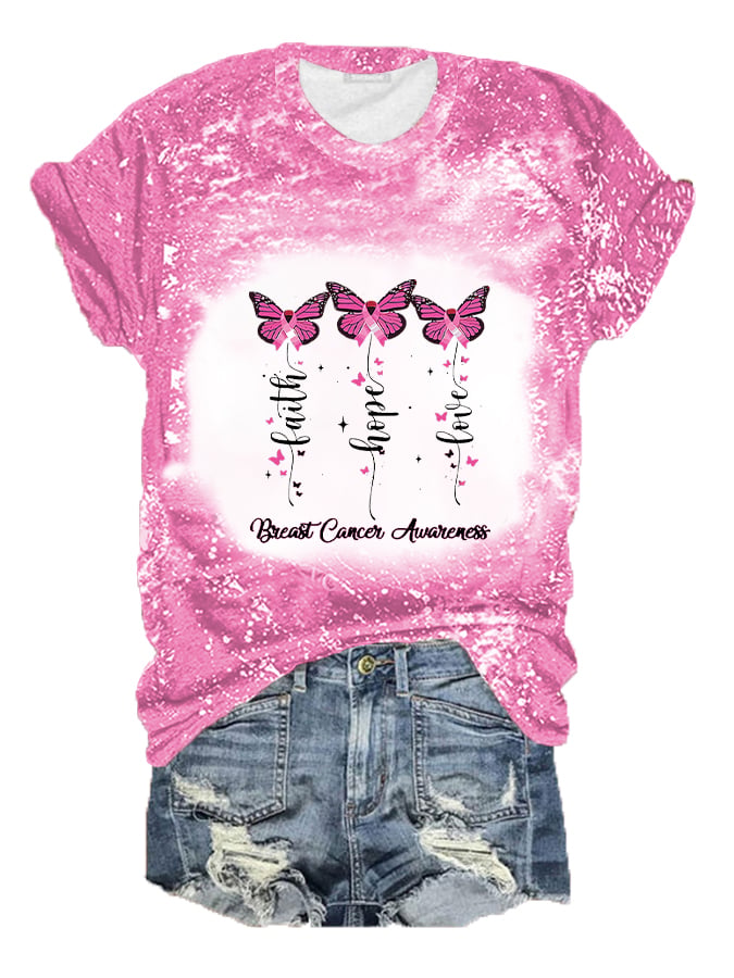 Women's Faith Hope Love Breast Cancer Pnk Ribbon Butterfly Bleach Print Tee