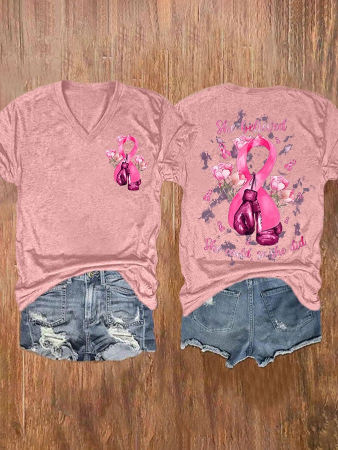 She Believed She Could So She Did Pink Ribbon Boxing Gloves And Flowers Breast Cancer Print Short Sleeve Casual T-Shirt