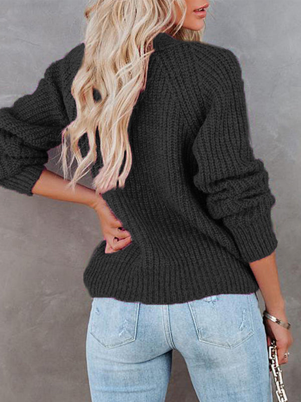Women's Cardigan knitted solid, with long sleeves, V-neck, single-breasted