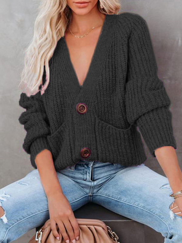 Women's Cardigan knitted solid, with long sleeves, V-neck, single-breasted