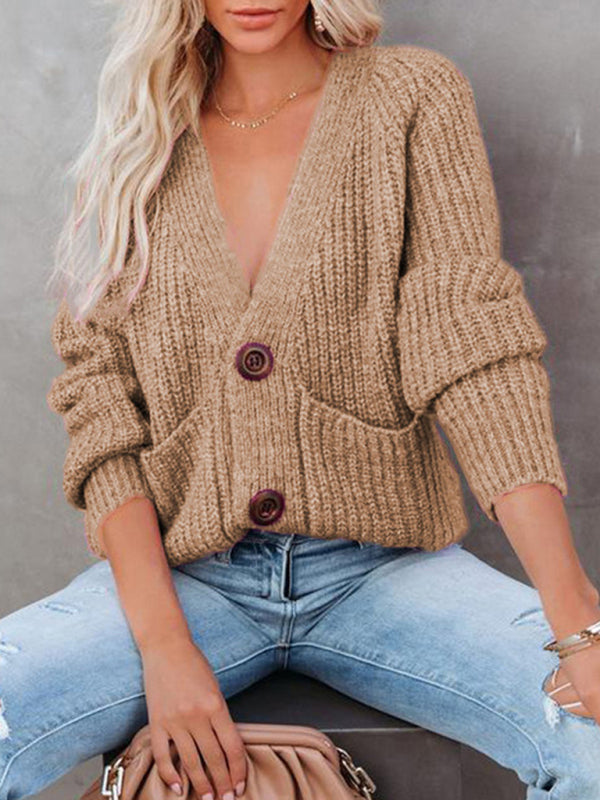 Women's Cardigan knitted solid, with long sleeves, V-neck, single-breasted