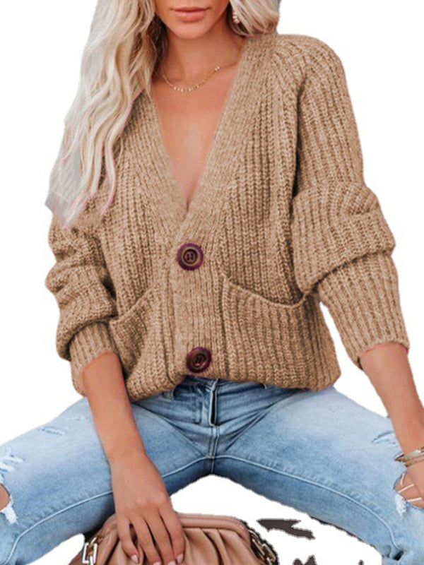 Women's Cardigan knitted solid, with long sleeves, V-neck, single-breasted