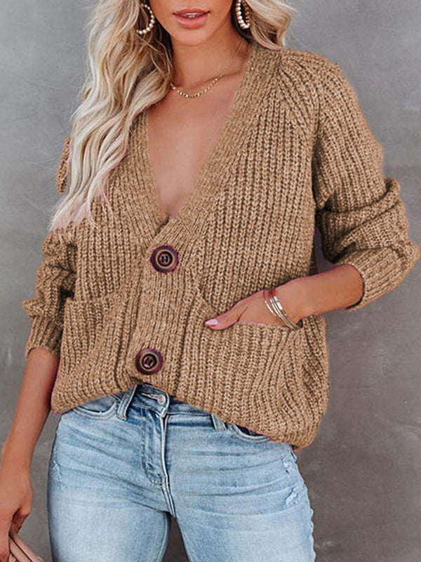 Women's Cardigan knitted solid, with long sleeves, V-neck, single-breasted