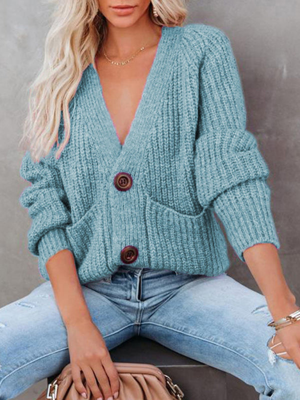 Women's Cardigan knitted solid, with long sleeves, V-neck, single-breasted