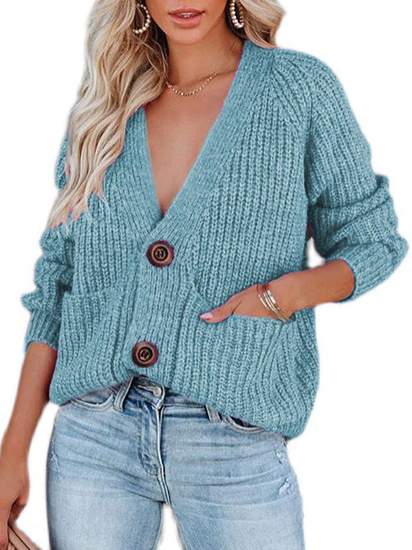 Women's Cardigan knitted solid, with long sleeves, V-neck, single-breasted