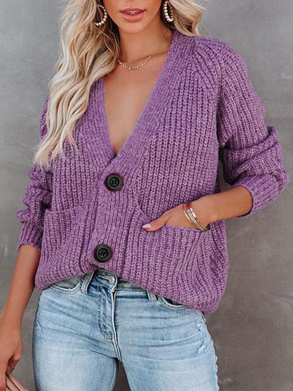 Women's Cardigan knitted solid, with long sleeves, V-neck, single-breasted