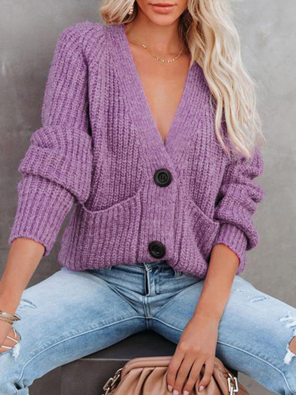 Women's Cardigan knitted solid, with long sleeves, V-neck, single-breasted