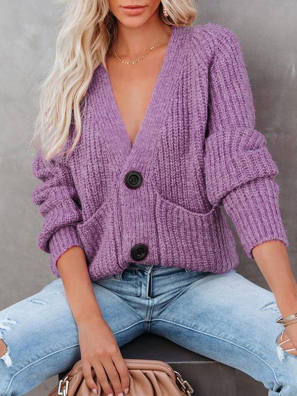 Women's Cardigan knitted solid, with long sleeves, V-neck, single-breasted