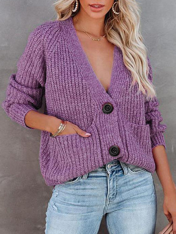 Women's Cardigan knitted solid, with long sleeves, V-neck, single-breasted
