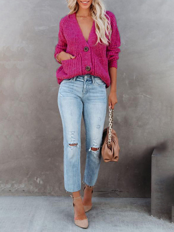 Women's Cardigan knitted solid, with long sleeves, V-neck, single-breasted