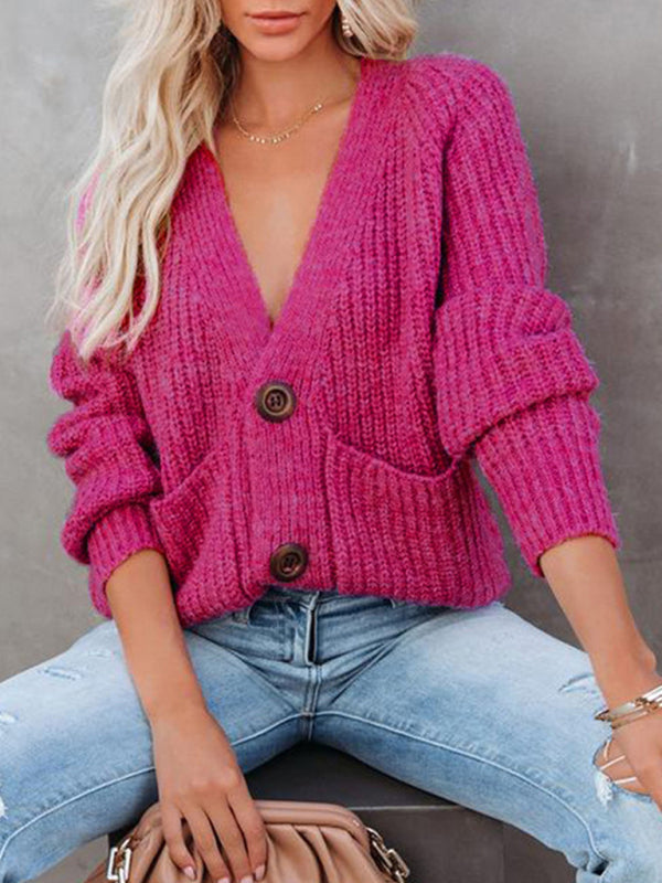 Women's Cardigan knitted solid, with long sleeves, V-neck, single-breasted