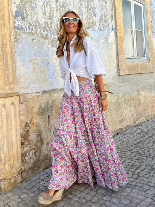 Women's Skirt long bohemian floral printed elegant elastic waist