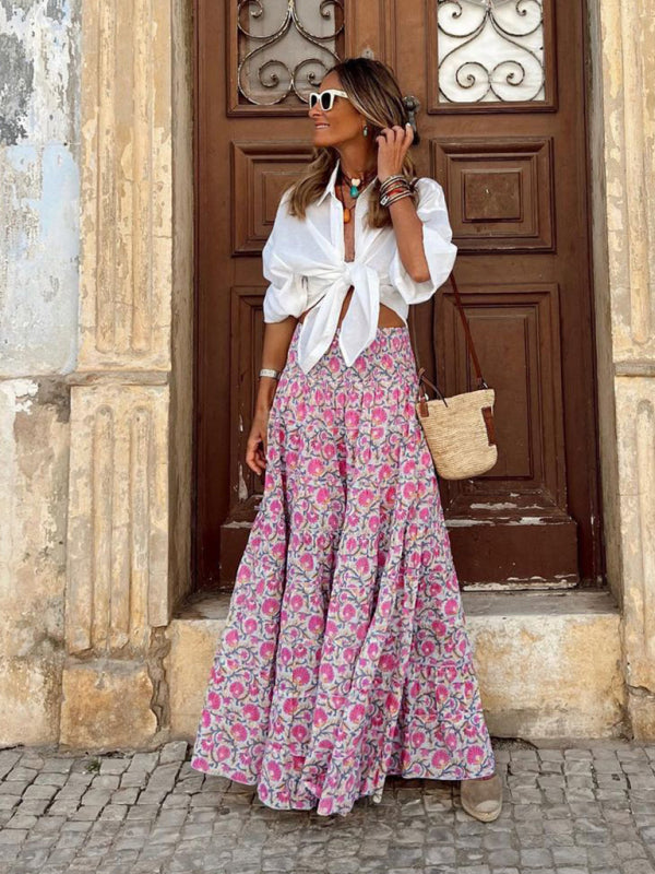 Women's Skirt long bohemian floral printed elegant elastic waist