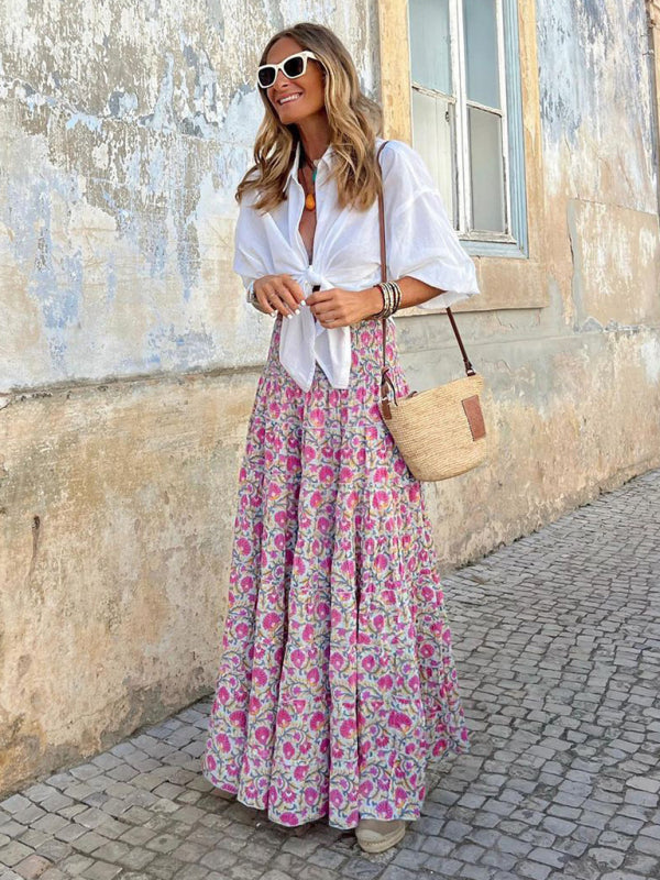 Women's Skirt long bohemian floral printed elegant elastic waist
