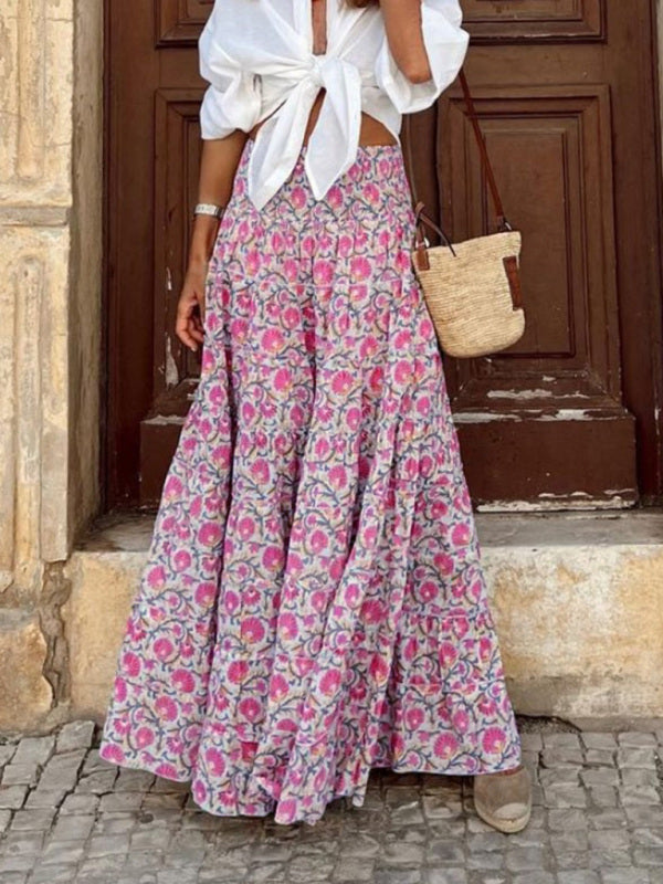 Women's Skirt long bohemian floral printed elegant elastic waist