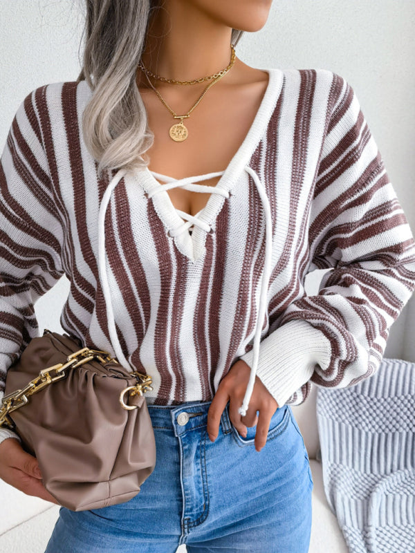 Women's sweater knitted striped lace-up elegant, lantern sleeves, v-neck