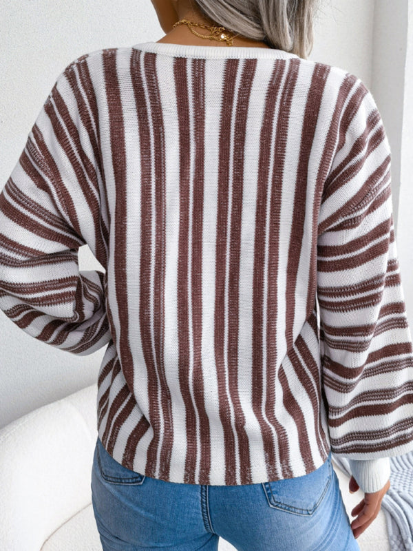 Women's sweater knitted striped lace-up elegant, lantern sleeves, v-neck