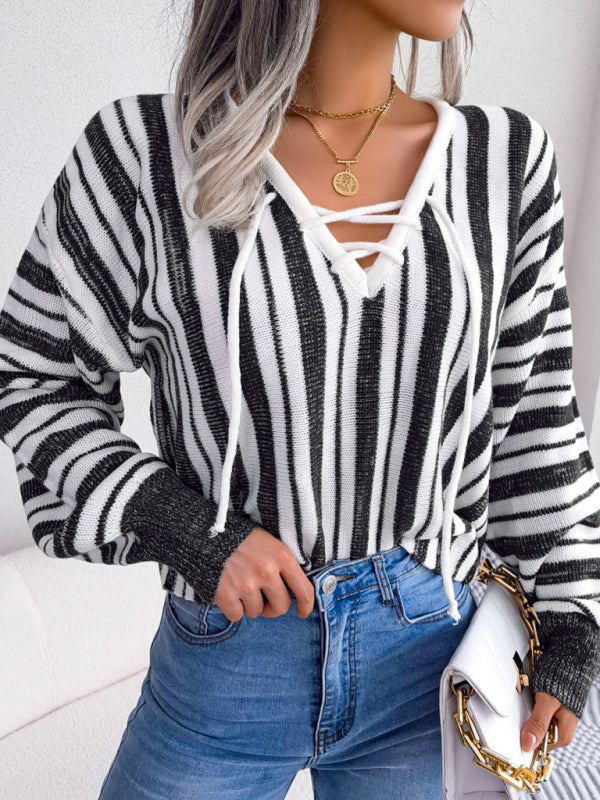Women's sweater knitted striped lace-up elegant, lantern sleeves, v-neck