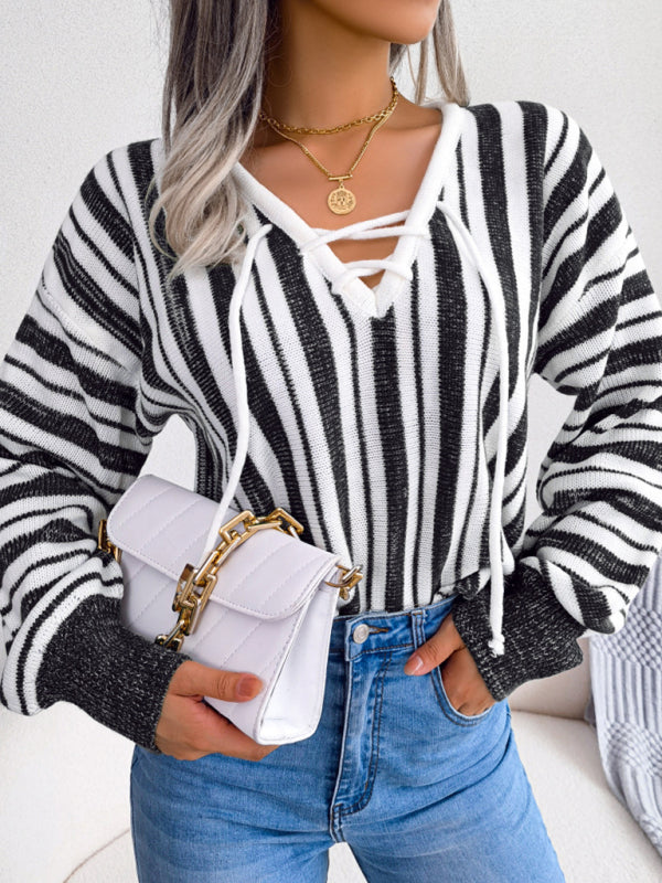 Women's sweater knitted striped lace-up elegant, lantern sleeves, v-neck
