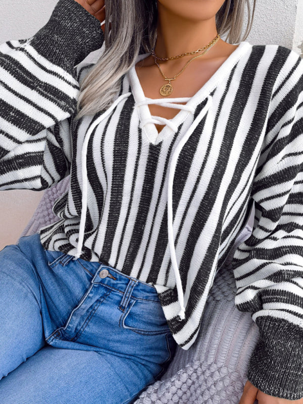 Women's sweater knitted striped lace-up elegant, lantern sleeves, v-neck