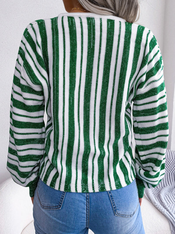 Women's sweater knitted striped lace-up elegant, lantern sleeves, v-neck