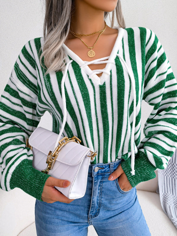 Women's sweater knitted striped lace-up elegant, lantern sleeves, v-neck