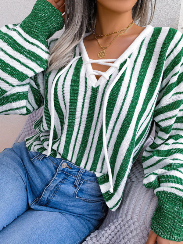 Women's sweater knitted striped lace-up elegant, lantern sleeves, v-neck