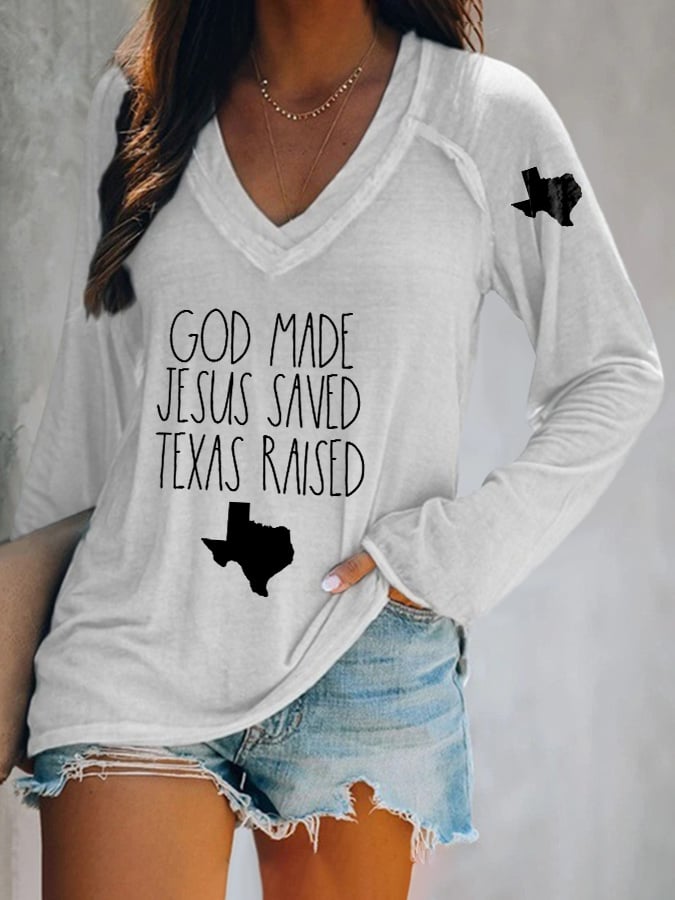 🙏💔Join us in praying for Texas.🙏V-neck Retro Texas Strong God Made Jesus Saved Texas Raised Print T-Shirt