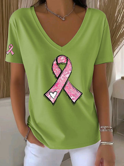 Women's Casual All-Match Solid Color Pink Ribbon V-Neck T-Shirt