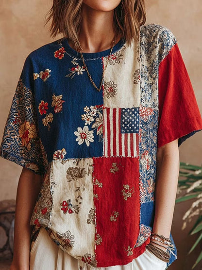 Women's Independence Day Flag And Floral Print Linen Blend Casual Short-sleeve T-shirt