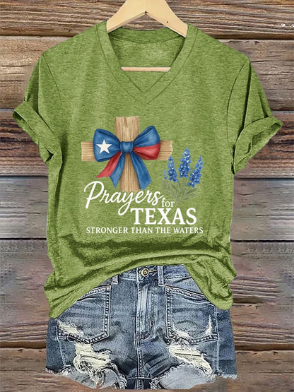 🙏💔Join us in praying for Texas.🙏V-Neck Retro Texas Strong Prayers For Texas Stronger Than The Waters Print T-Shirt