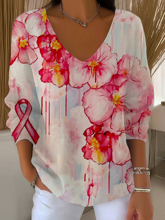 Women's Casual Breast Cancer Awareness Print Long Sleeve T-Shirt