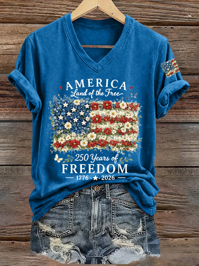 Women'S America Flag Floral Print Casual V-Neck T-Shirt