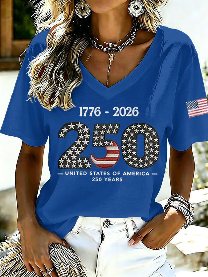 Ladies' Casual American 250Th Anniversary Celebration Personalized Printed V-Neck Short Sleeved Shirt