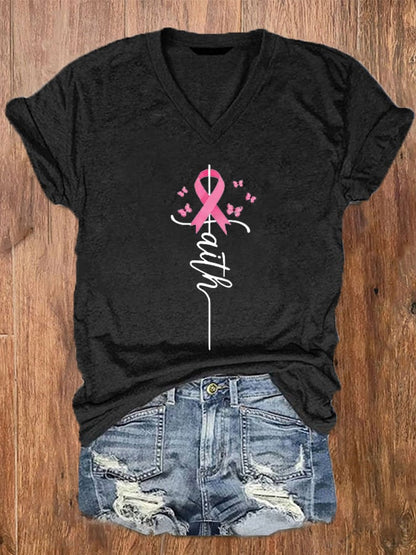 Women's Faith Hope Fight Love Butterfly Breast Cancer Awareness T-Shirt