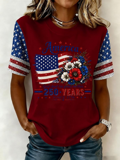 Women'S American Independence Day 250Th Anniversary Printed Short Sleeved T-Shirt