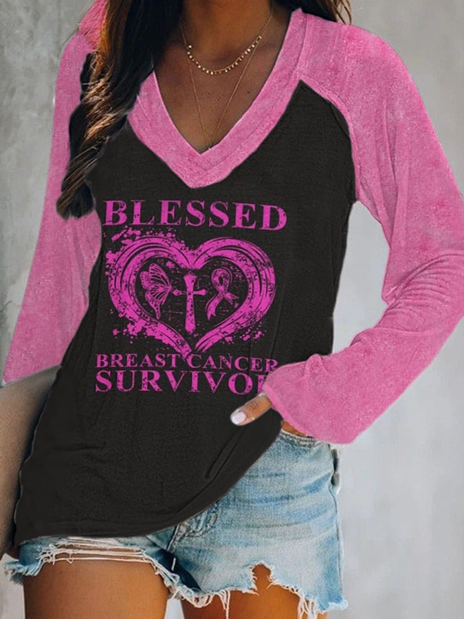 Women's Blessed Breast Cancer Awareness Pink Cancer Survivor Print Casual V-Neck Long-Sleeve T-Shirt