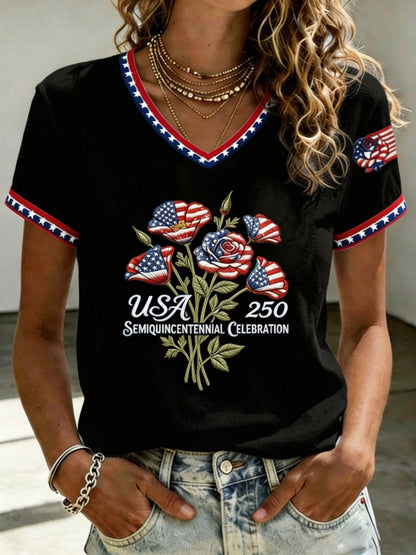 U.S. 250th Anniversary Rose Art Women's V-Neck T-Shirt