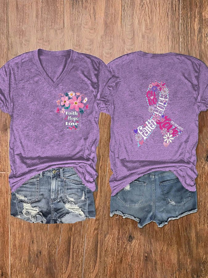 Women's Faith Hope Love Breast Cancer Awareness Print V-Neck T-Shirt